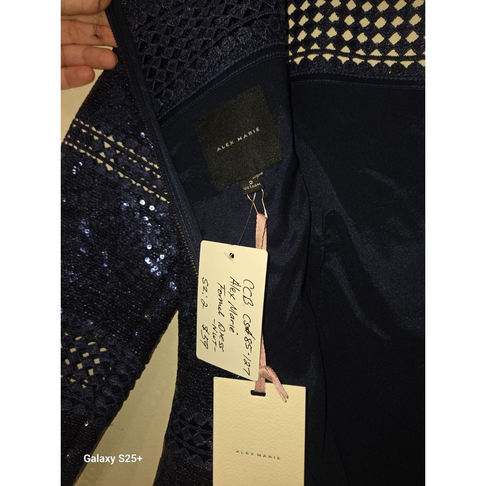 Alex Marie Abigail Sequin Lace Dress Midnight Navy Blue 3/4 Sleeve Sheath 2 - Picture 4 of 4
